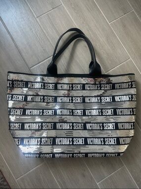 Victoria's Secret Silver Sequin Logo Tote with Black Handles